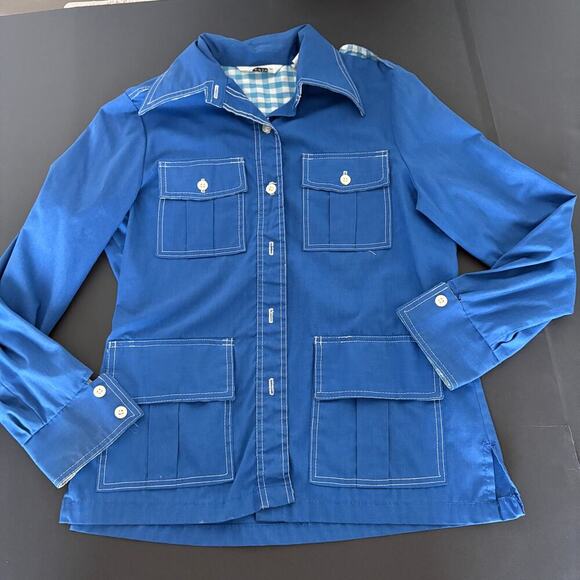 Leisure Jacket 70sVintage Activa Blue Sz 12 plaid contrast ( missing buttons) - Picture 9 of 14